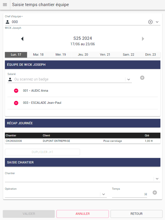 Logiciel ERP HERAKLES: Saisie feuille d'heures chantier par équipe