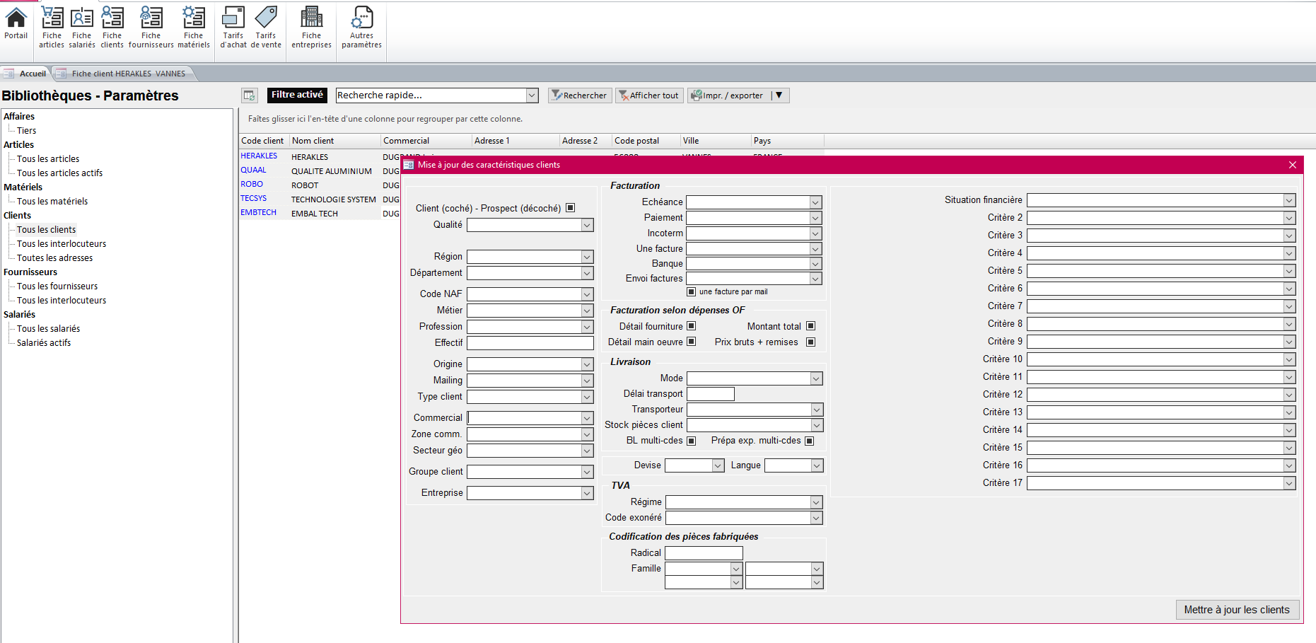 Mise à jour de fiches clients dans le logiciel ERP HERAKLES