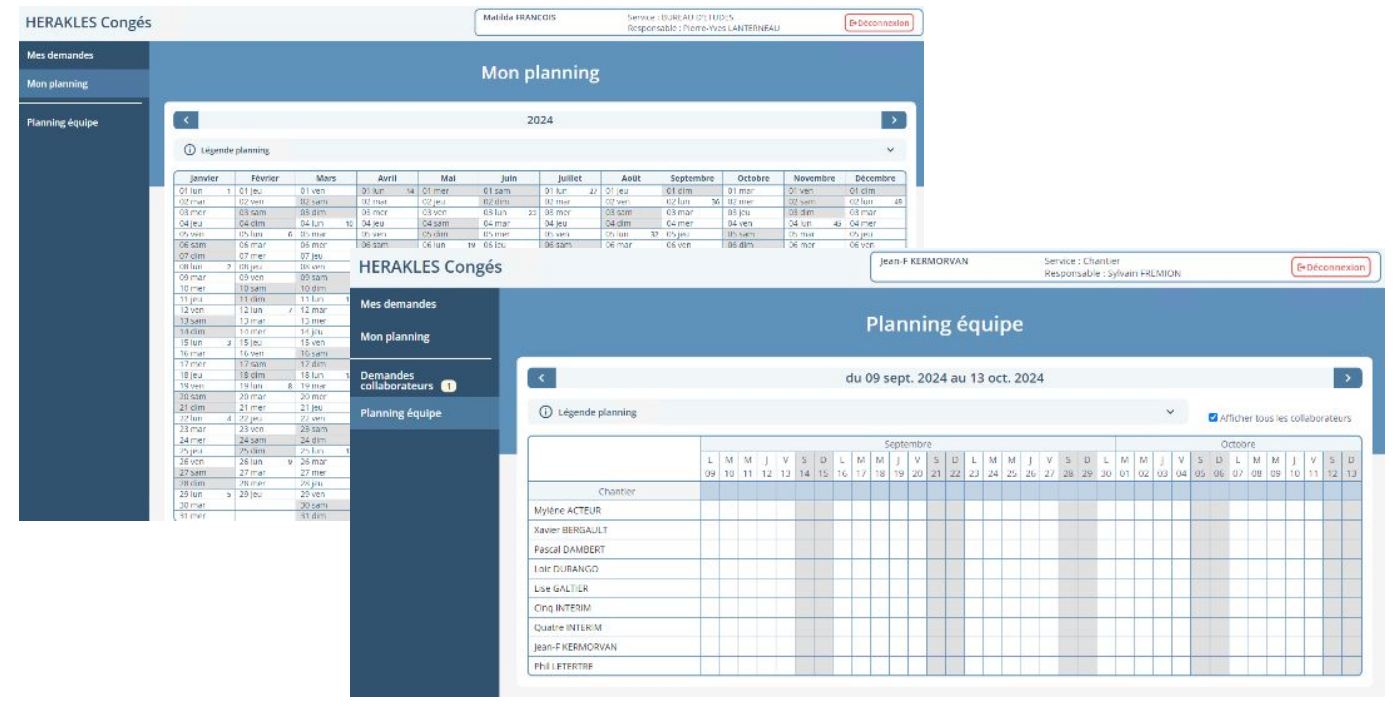 Visualisations de planning dans le module Demande de congés