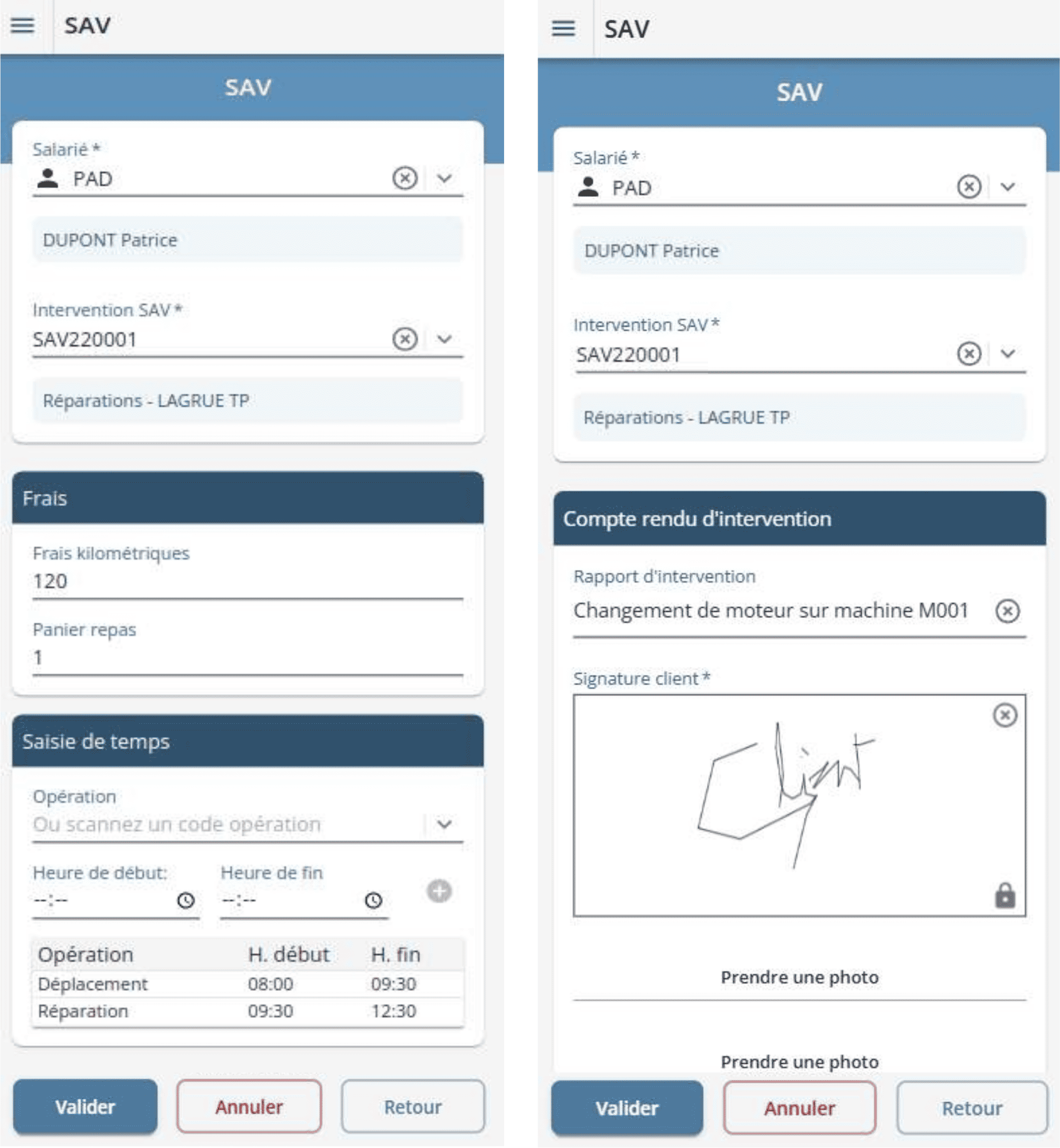 Saisie du compte rendu d'intervention sur l'application mobile SAV Herakles