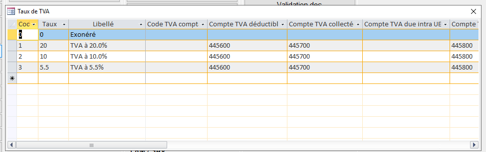 Ecran de définition des taux de TVA dans le logiciel ERP HERAKLES