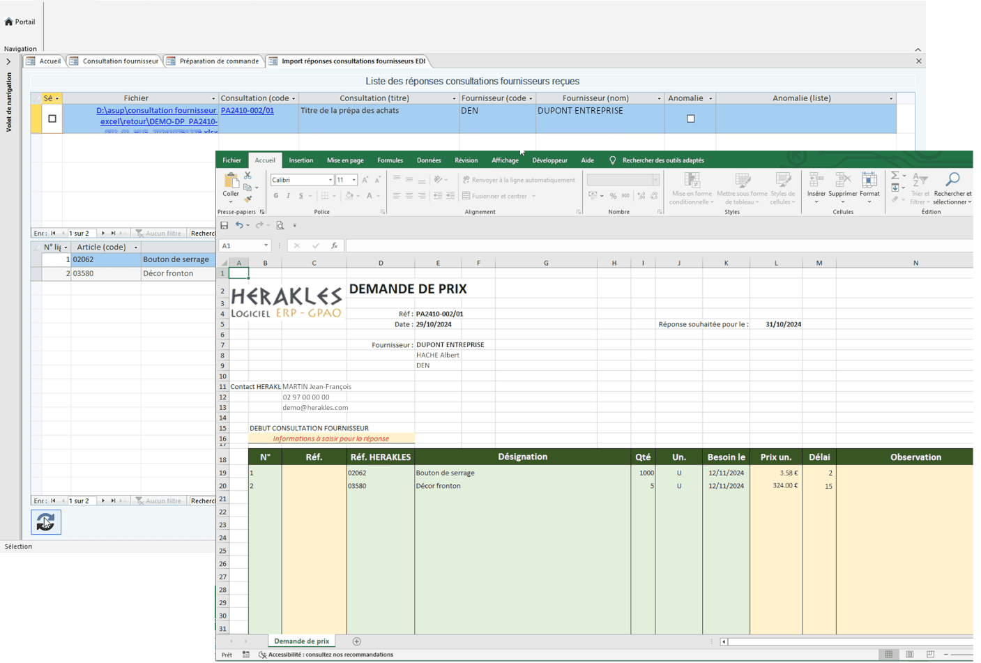 Association GED des fichiers Excel à la consultation fournisseur logiciel ERP HERAKLES