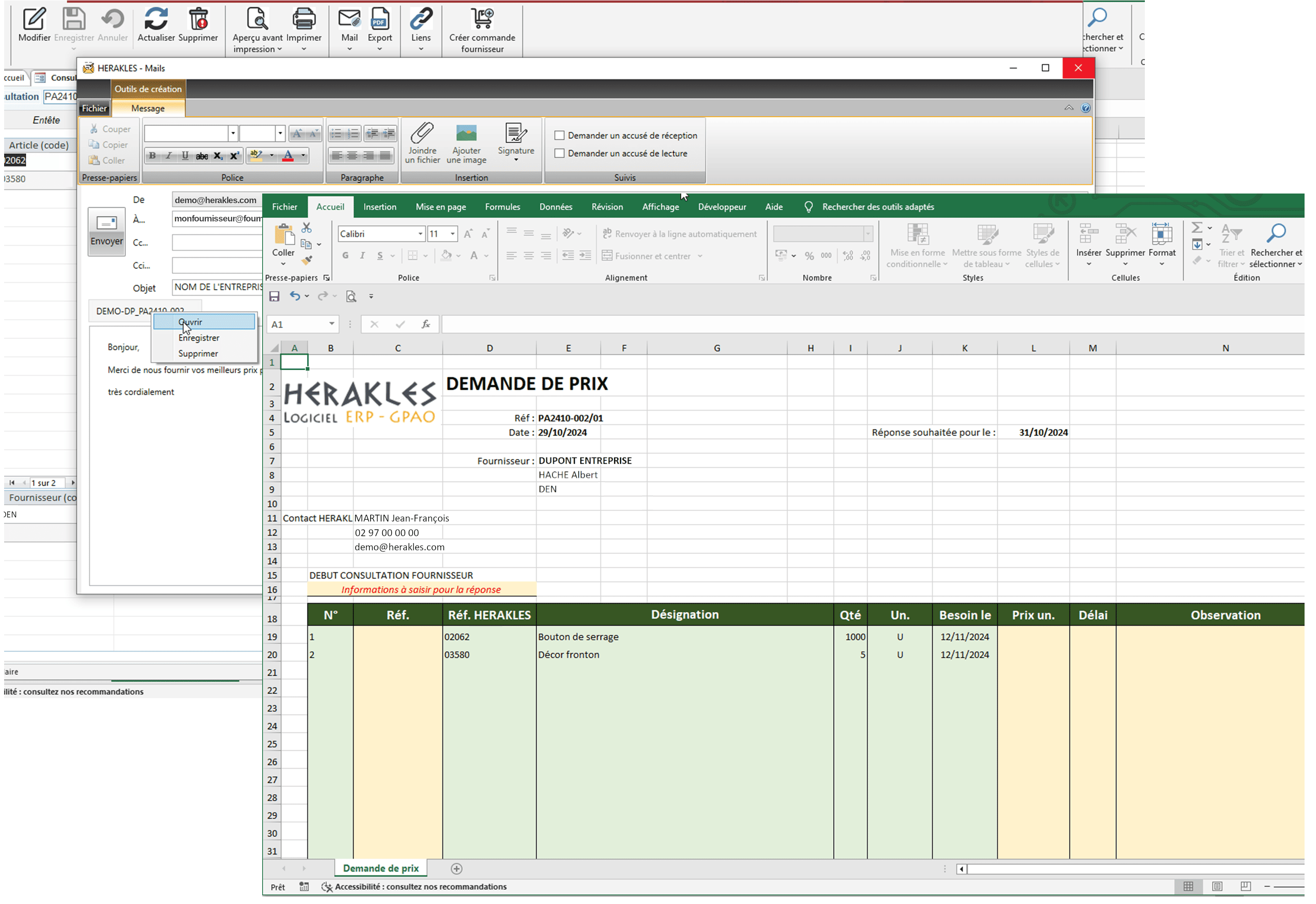 Mail envoi consultation fournisseur avec HERAKLES ERP