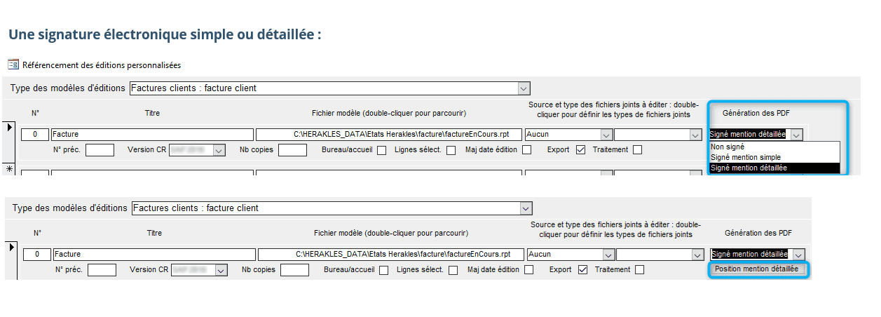 Choix du type de signature électronique des documents PDF dans l'ERP Herakles