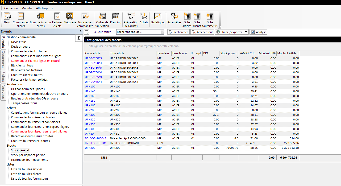 Logiciel ERP HERAKLES écran de consultation des stocks