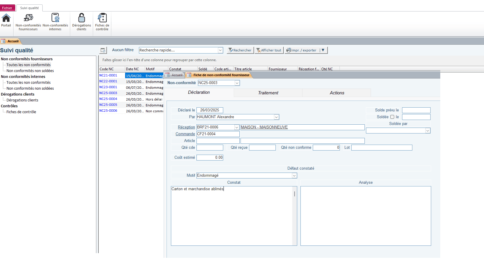 Accueil du module de suivi de QUALITE du logiciel ERP HERAKLES