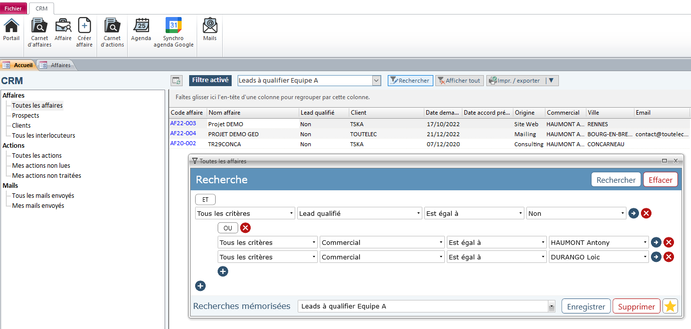 Recherche avancée dans le module CRM du logiciel ERP HERAKLES Recherche avancée dans le module CRM du logiciel ERP HERAKLES