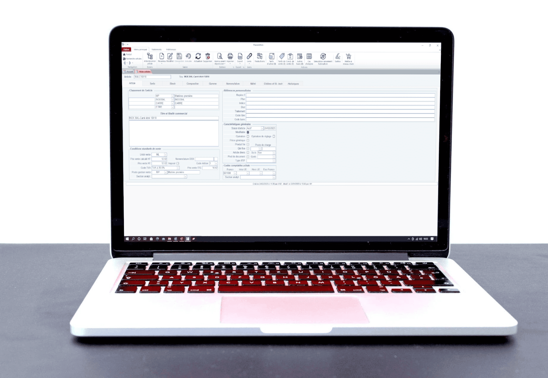 Une fiche article dans le logiciel ERP Herakles