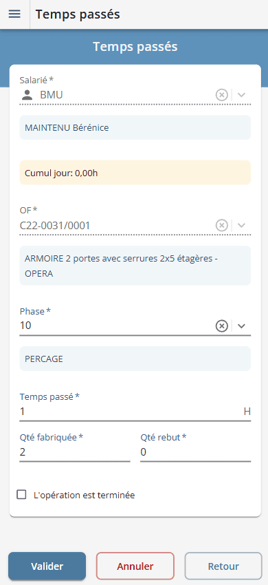 Saisie atelier de temps passé sur appareil mobile Saisie atelier de temps passé sur appareil mobile
