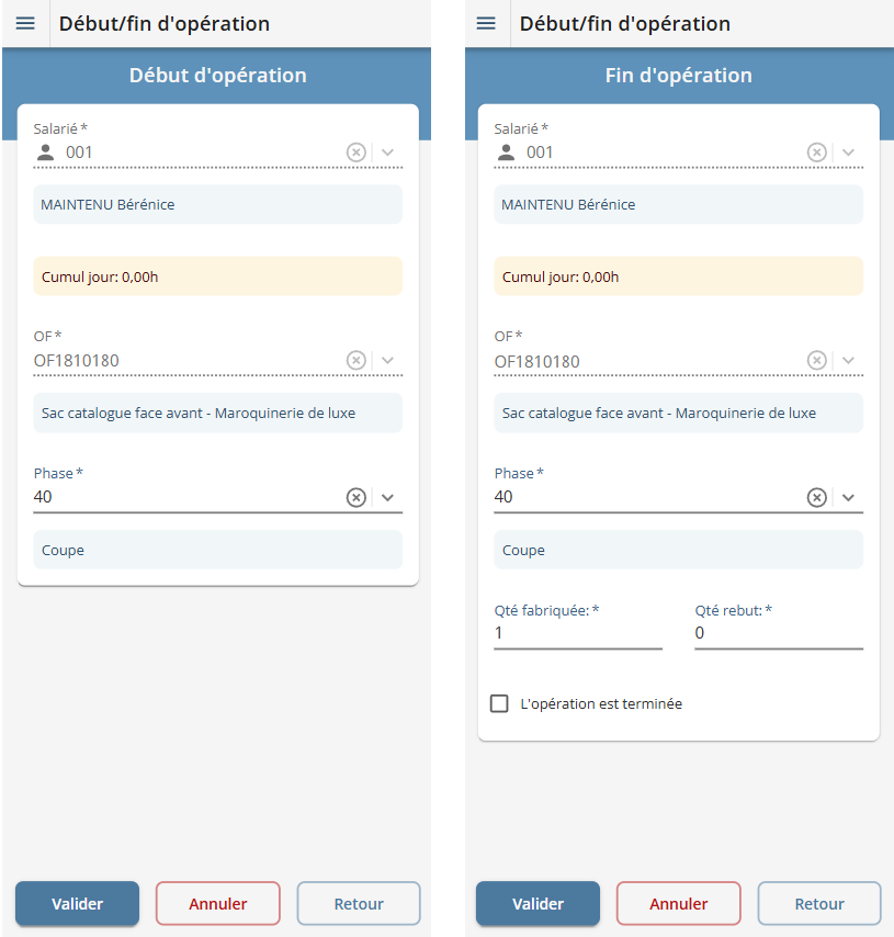 Scénario de saisie d'avancement de production sur PDA ou terminal mobile