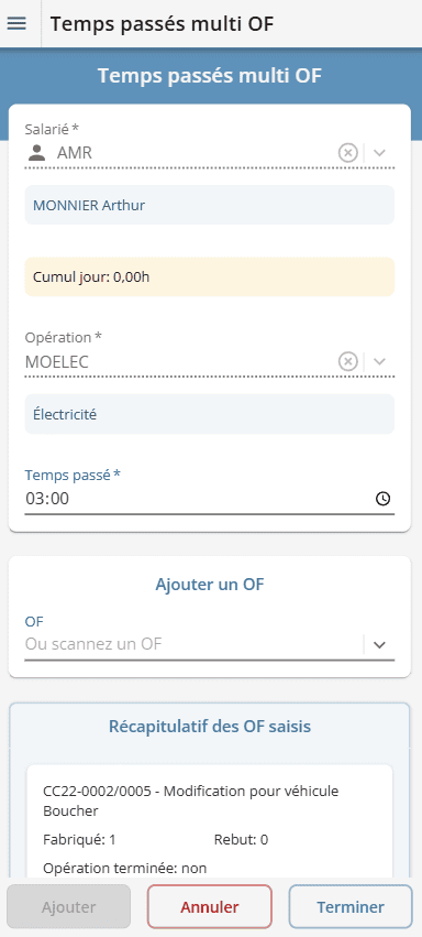 Saisie de temps passé sur regroupement d'OF